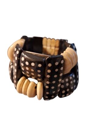 African Batik Polka Dot Stretch Bracelet Wide Statement Brown & Natural EXOTIC